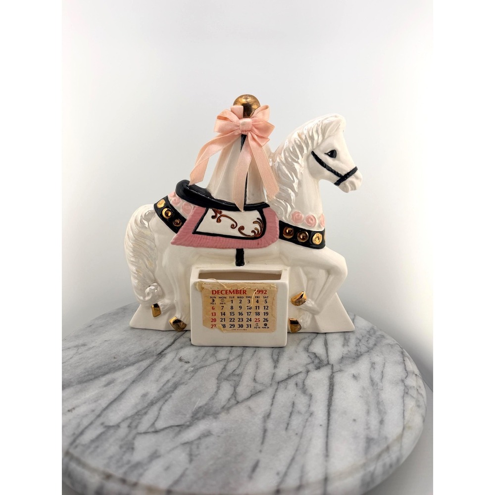 Vintage Ceramic Carousel Horse Calendar Iridescent Pink Gold Organizer Coquette